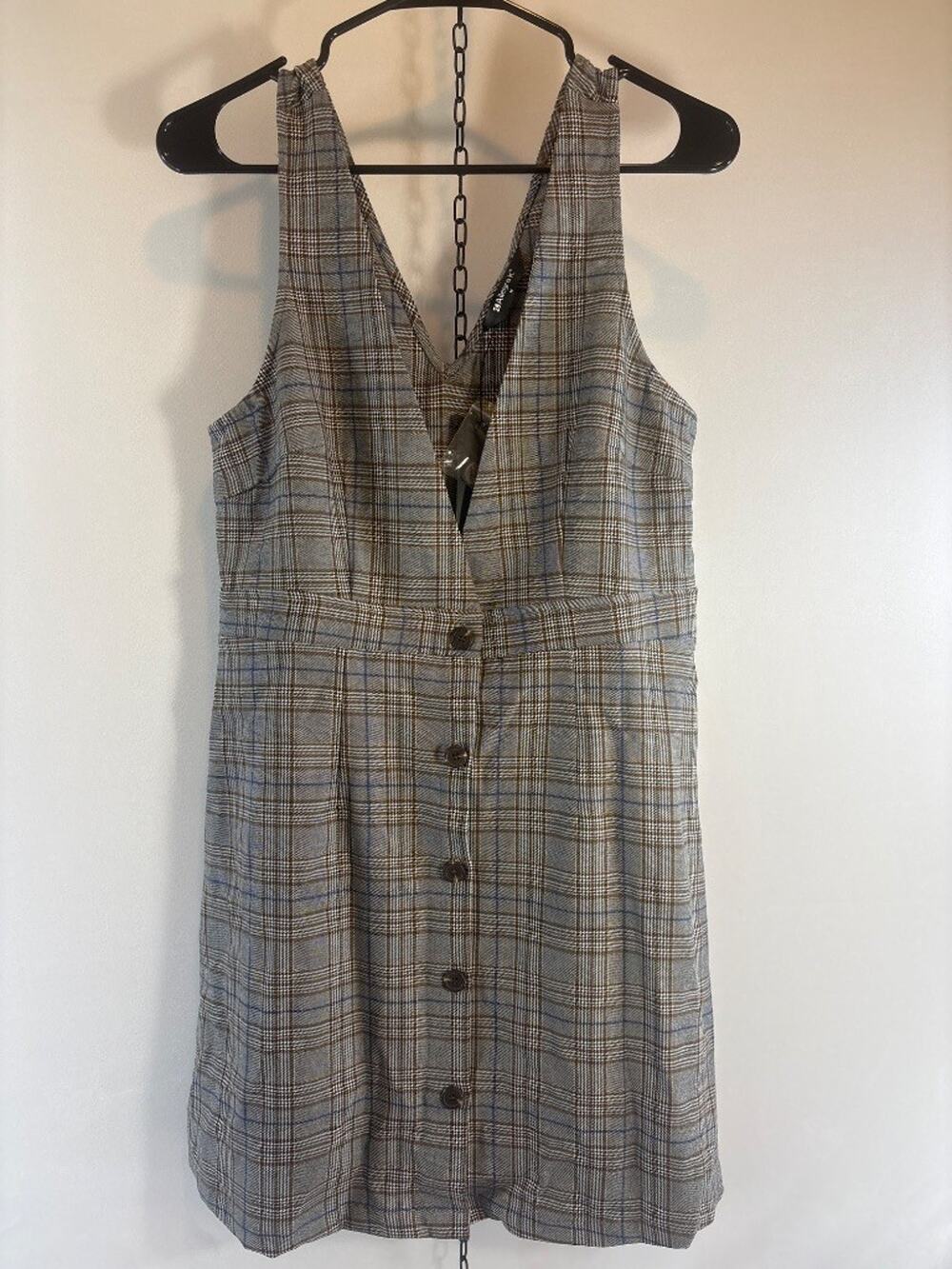 Allegra K Plaid V-Neck Button-Front Mini Dress Gray Size M NWT Academia Preppy